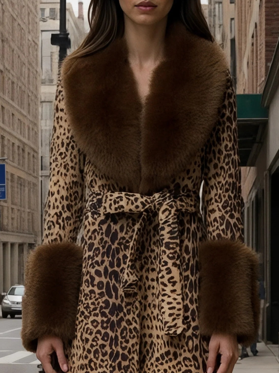 Leopard print patchwork plush coat