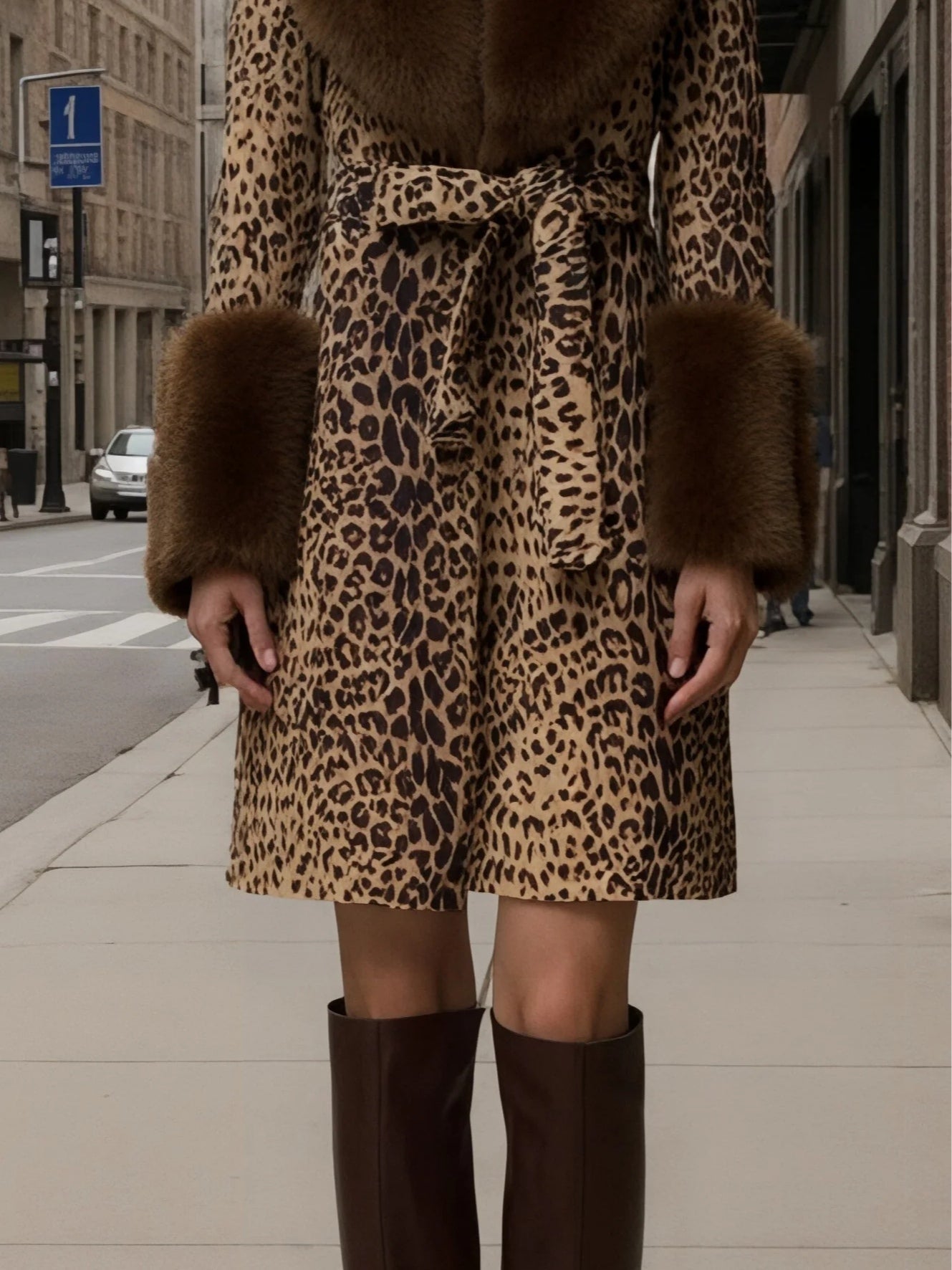 Leopard print patchwork plush coat
