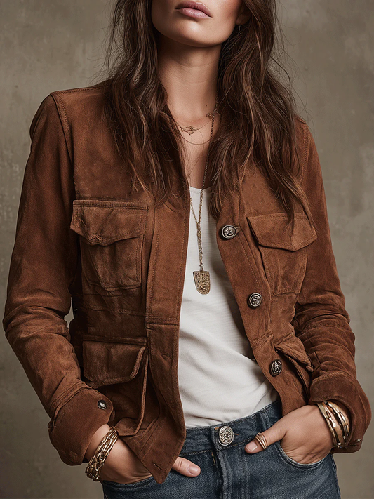 Vintage Brown Faux Suede Multi-Pocket Jacket