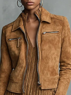Fashion Brown Cropped Suede Lapel Zipper Jacket