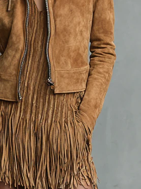 Fashion Brown Cropped Suede Lapel Zipper Jacket
