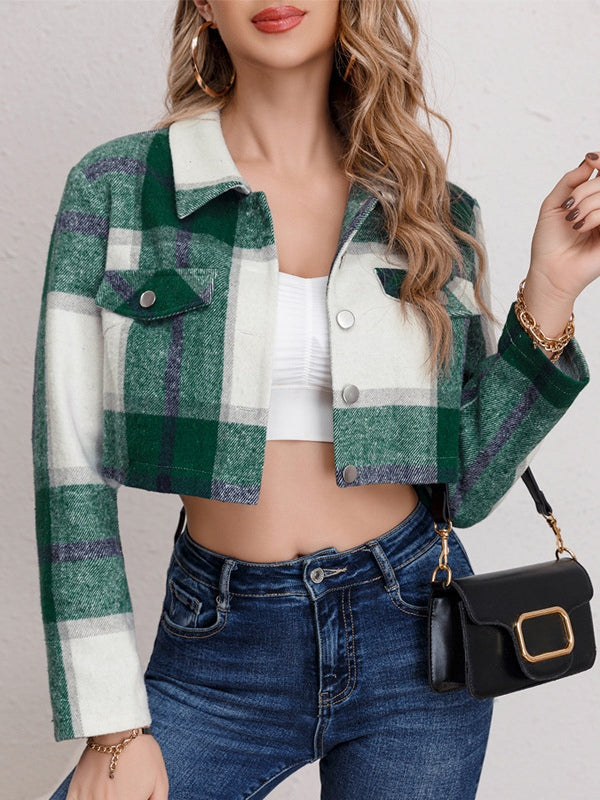 Checkered lapel cropped long-sleeved jacket