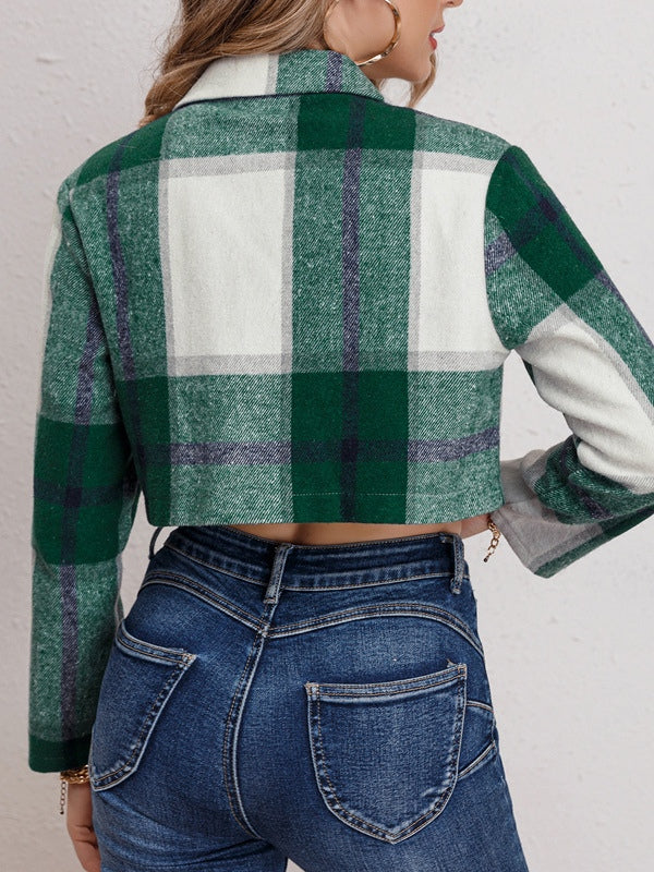 Checkered lapel cropped long-sleeved jacket