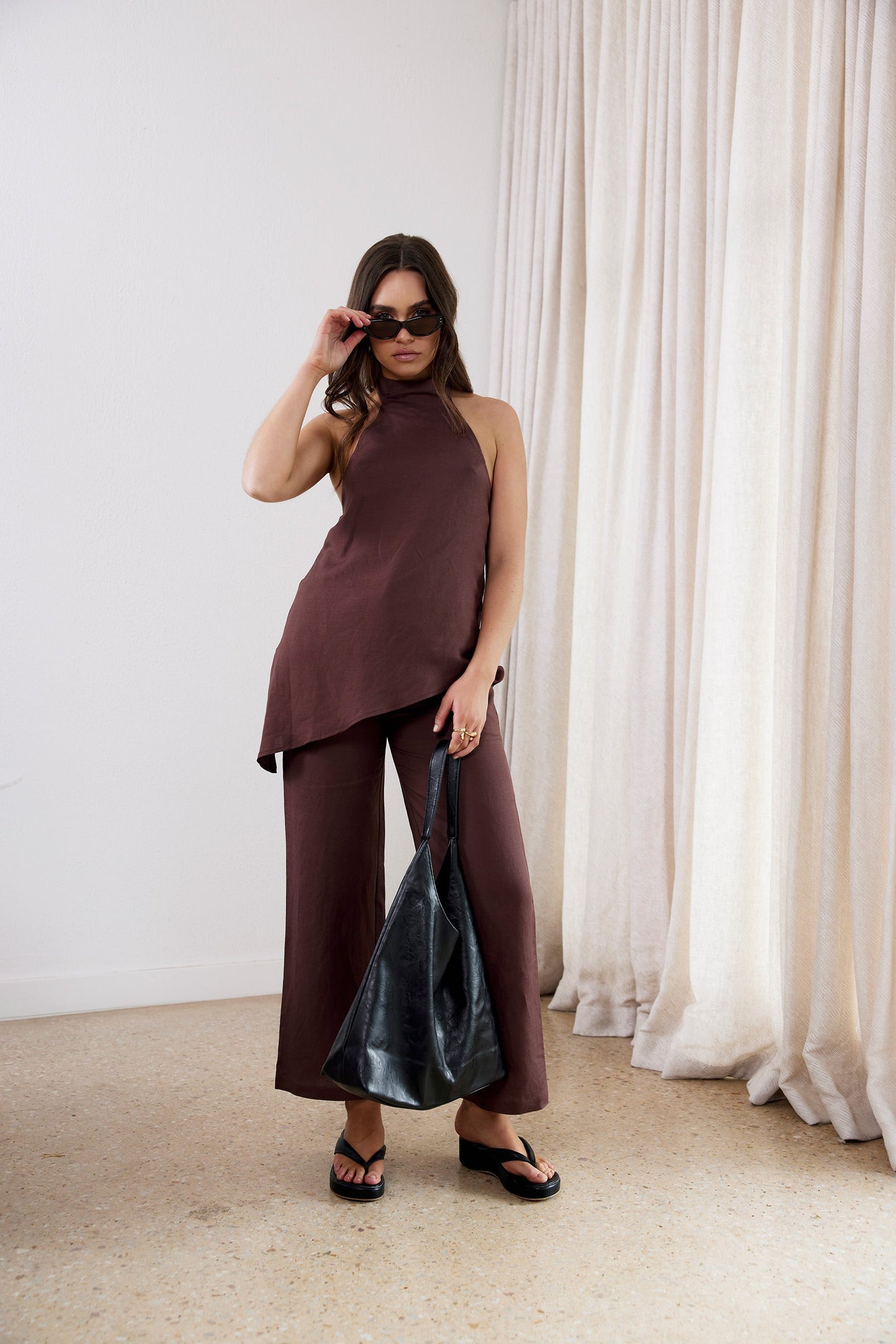 Brown Velora Waist Tie Linen Pants