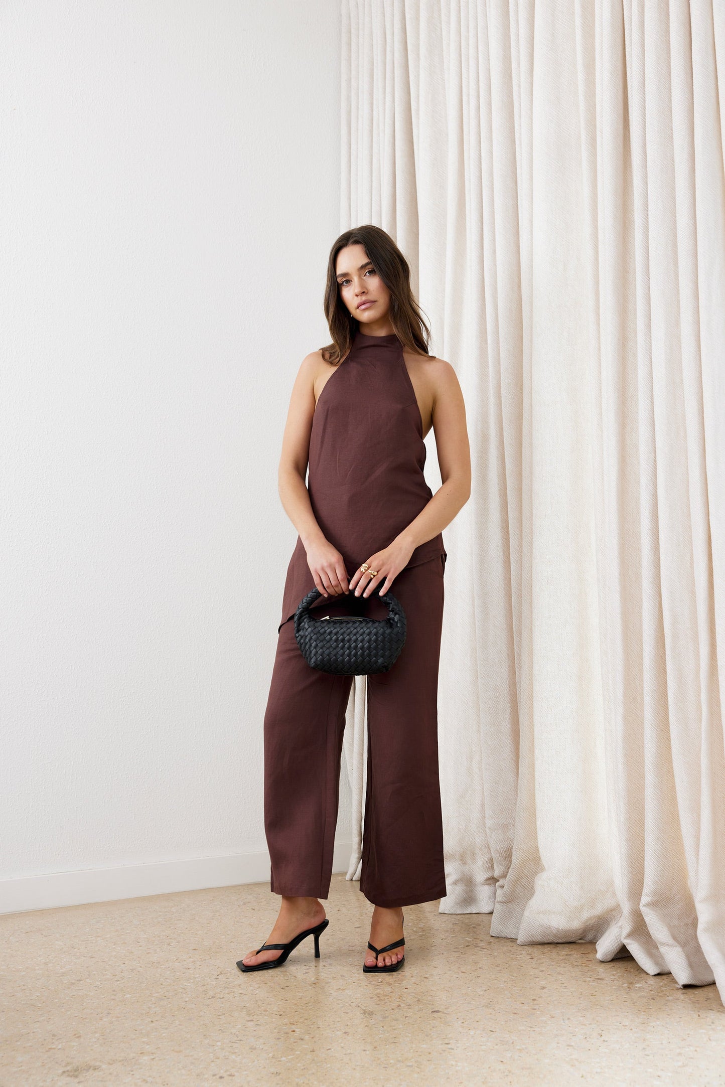 Brown Velora Linen Halter Top
