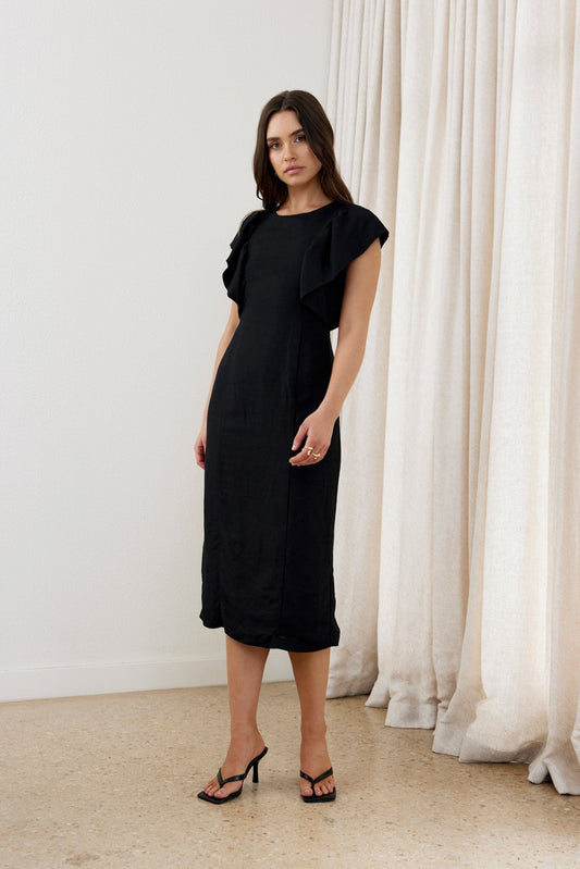 Black Unwind Linen Midi Dress