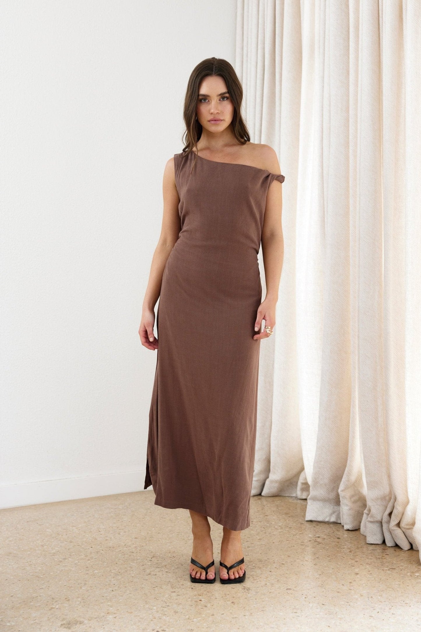 Brown Rise Linen Maxi Dress