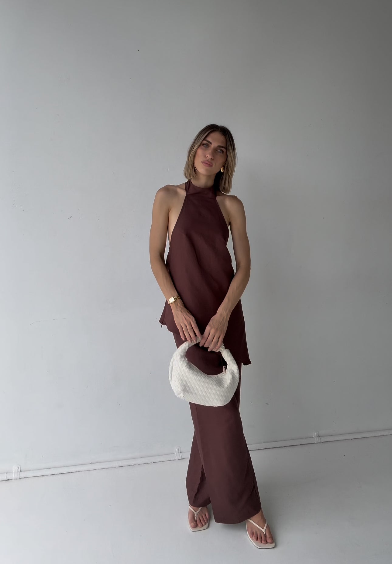 Brown Velora Linen Halter Top