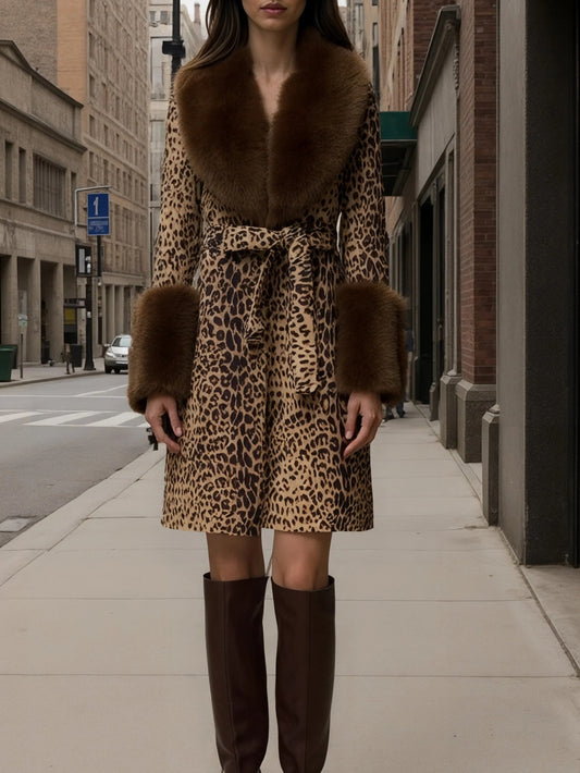 Leopard print patchwork plush coat