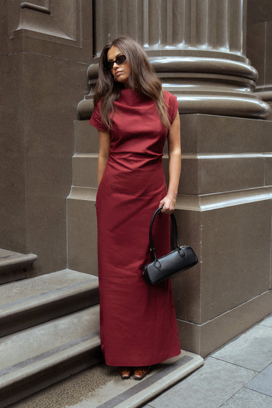 Burgundy Velour Linen Maxi Dress