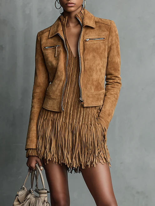 Fashion Brown Cropped Suede Lapel Zipper Jacket